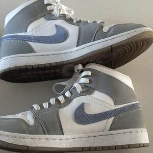 Nike Mid-Top Sneakers in White and Light Gray with Blue Suede Swoosh